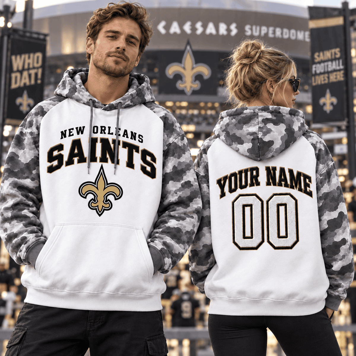 New Orleans Saints Premium Custom Grey Camo Hoodie Nnk