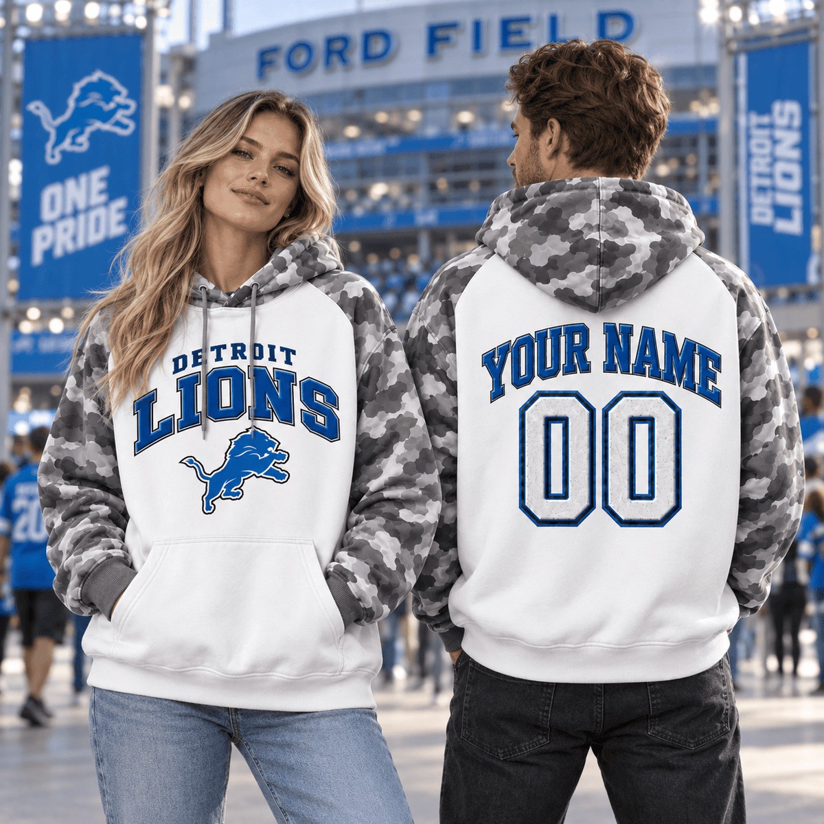 Detroit Lions Premium Custom Grey Camo Hoodie Nnk