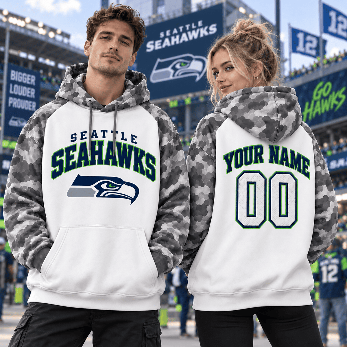 Seattle Seahawks Premium Custom Grey Camo Hoodie Nnk