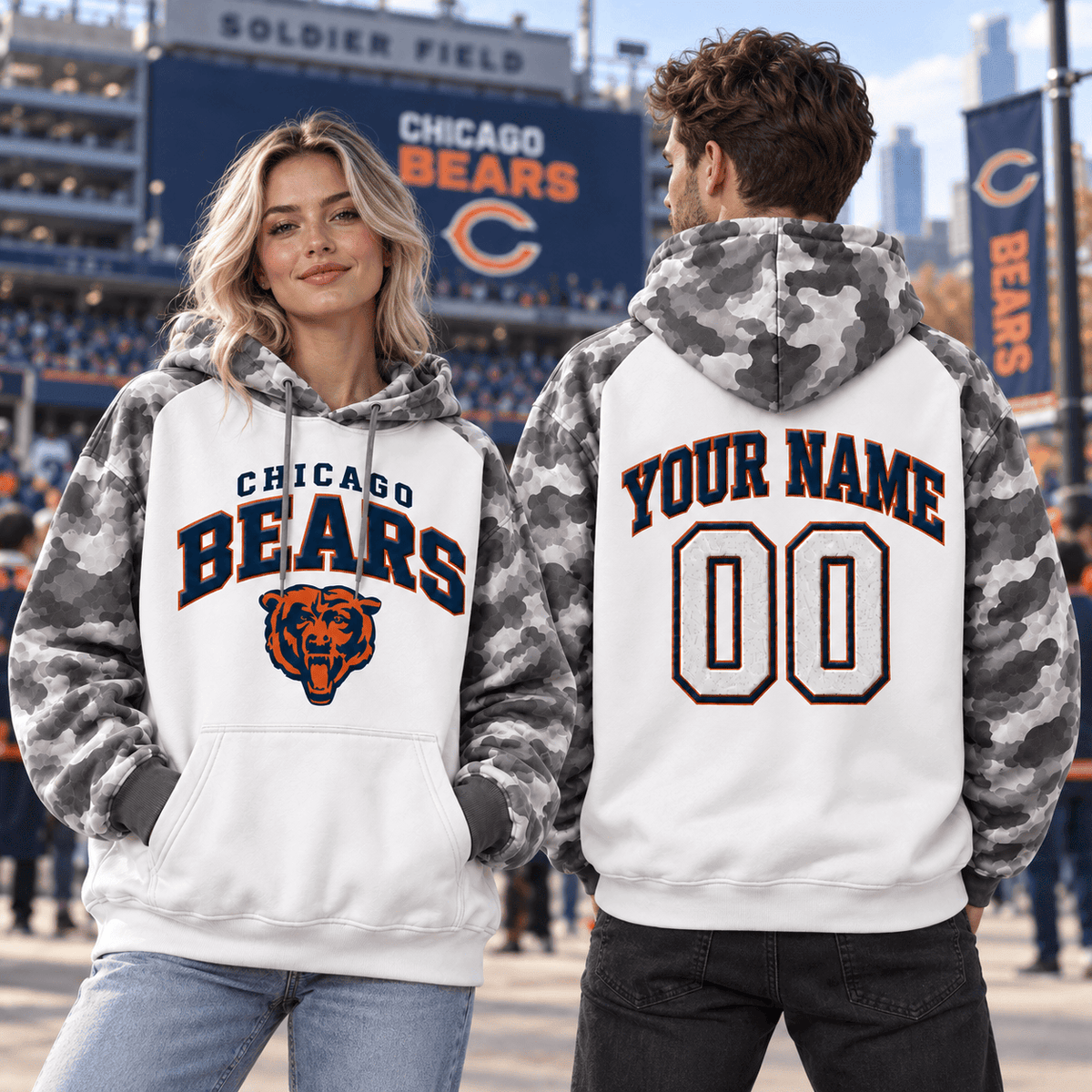 Chicago Bears Premium Custom Grey Camo Hoodie Nnk