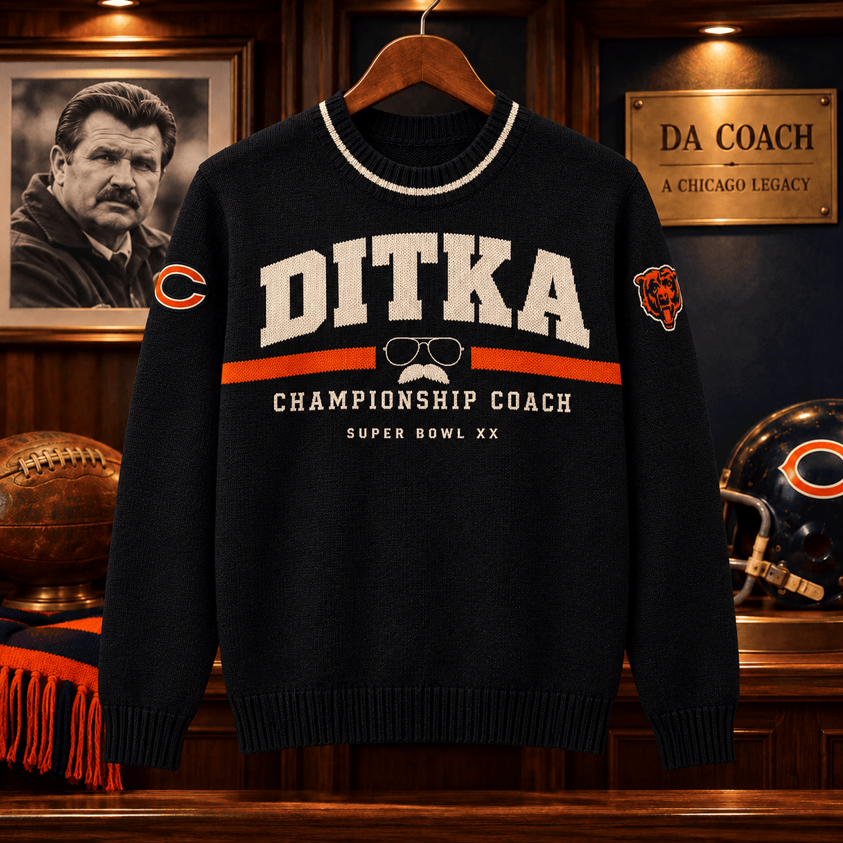 Mike Ditka Championship Era Retro Black Sweater Chicago Bears Football Legacy
