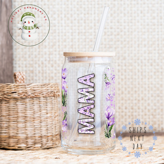 Personalized Mama Floral Glass Tumbler: Custom Iced Coffee Cup