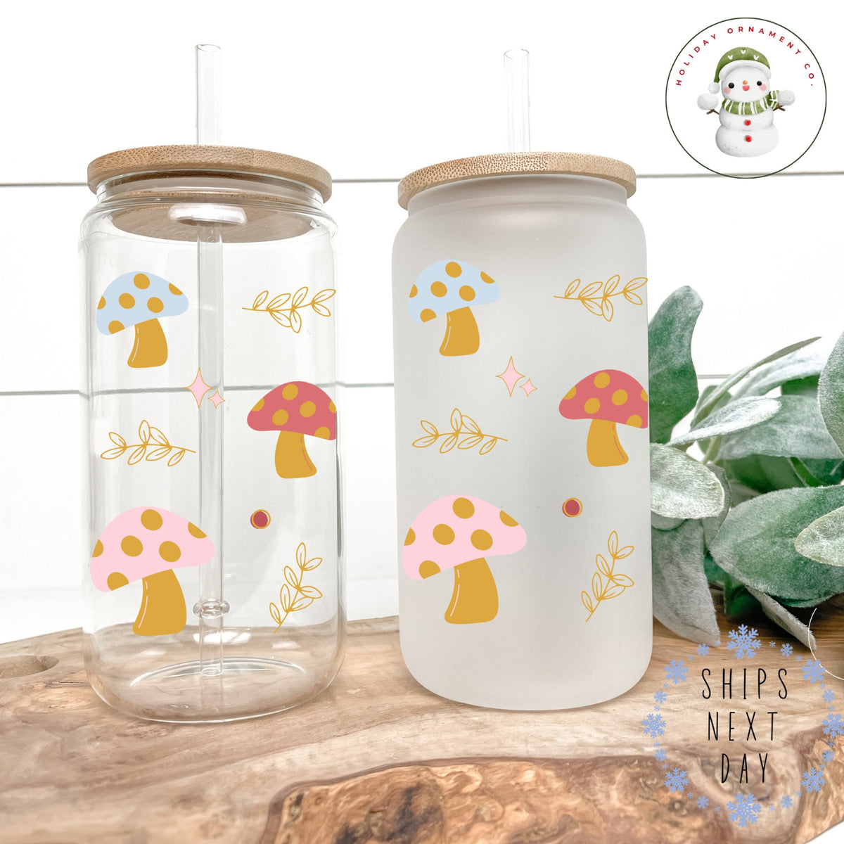 Retro Mushroom Glass Tumbler: Iced Coffee Cup With Bamboo Lid