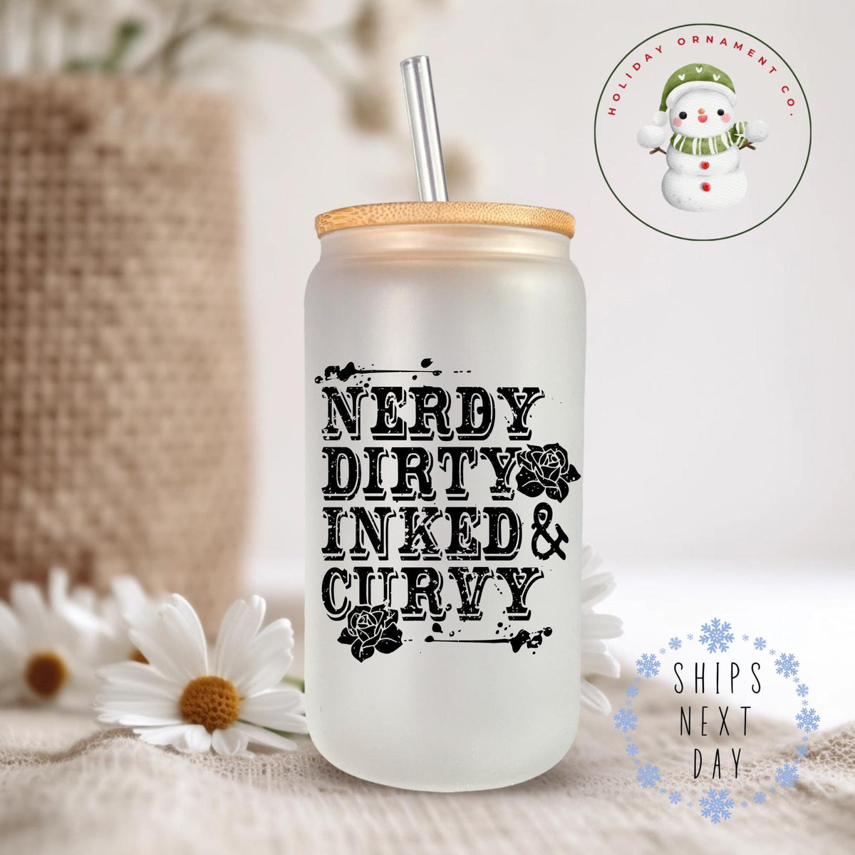 Tattoo Girl Glass Tumbler: Nerdy Dirty Inked & Curvy Iced Coffee Cup