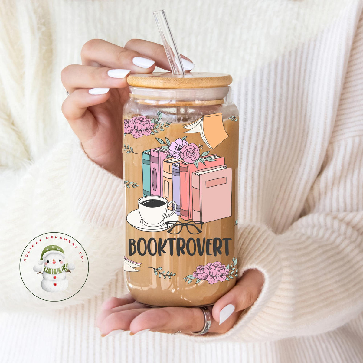 Booktrovert Glass Libbey Cup: Bookish Iced Coffee Cup (16 Oz/20 Oz)