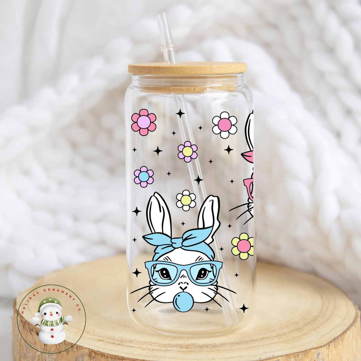Bunny Pastel Glass Libbey Cup: Easter Iced Coffee Tumbler
