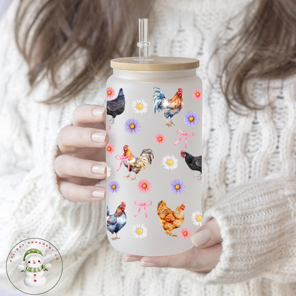 Chicken & Daisies Libbey Glass Cup: Iced Coffee Tumbler