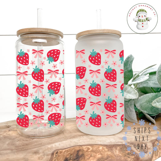 Strawberry & Bows Libbey Glass Cup: Coquette Iced Coffee Tumbler