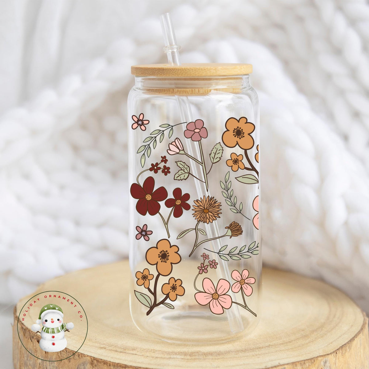 Boho Wildflower Glass Tumbler With Bamboo Lid & Straw (16/20 Oz)