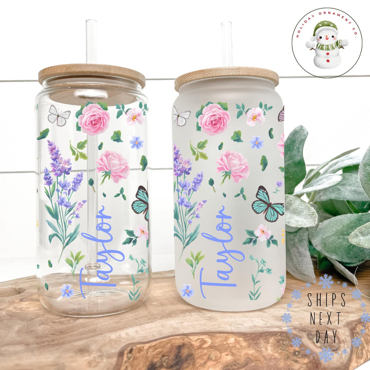 Personalized Butterfly Flower Glass Cup: Iced Coffee Tumbler With Lid & Straw