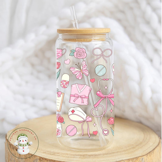 Pink Nursing Glass Coffee Cup: Nurse Appreciation Gift With Bamboo Lid