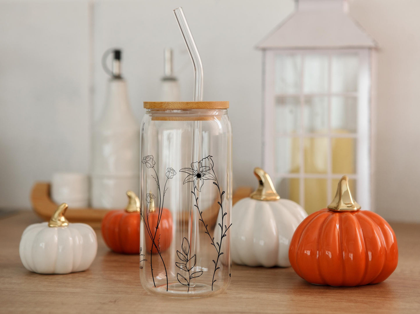 Wild Flowers Glass Tumbler, Floral Jar Tumbler, Frosted Glass Tumbler, 16oz Glass Cup With Straw & Lid, Iced Coffee Glass Cup, Gift For Mom