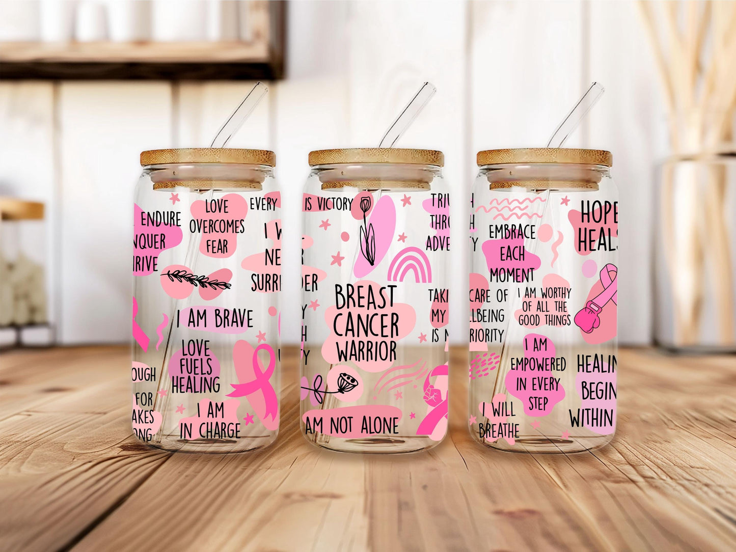 Positive Affirmations Glass Can, Motivation Quotes Design, Mental Health Reminder Cup, Pink Empowering Artwork, Bamboo Lid Iced Coffee Glass