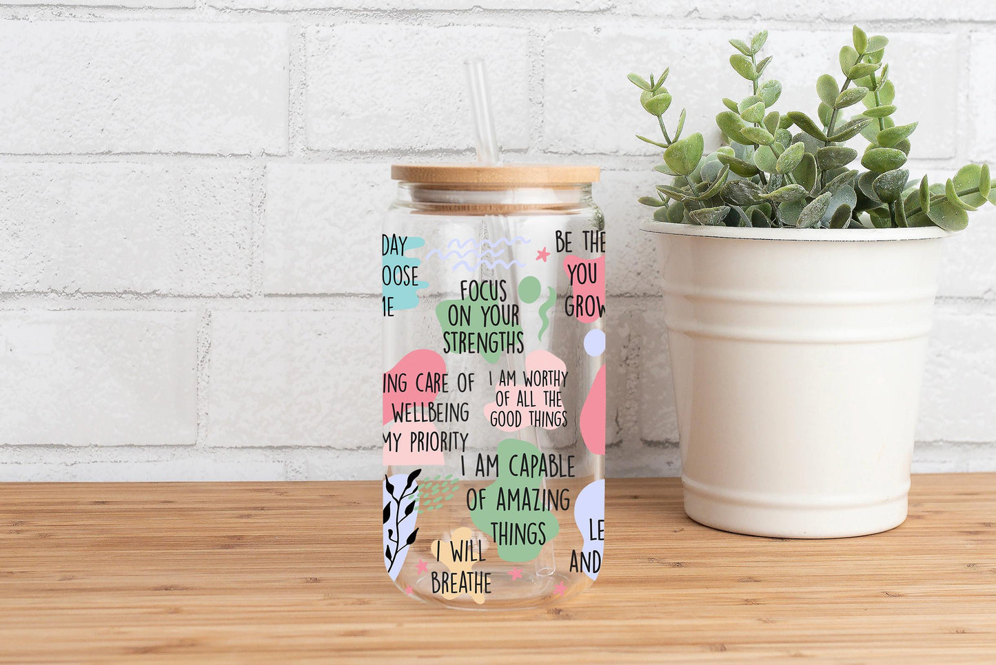 Self Love Affirmations Glass Can, Positive Daily Reminder Design, Pastel Aesthetic Iced Coffee Cup, Bamboo Lid Glass, Mental Wellness Gift