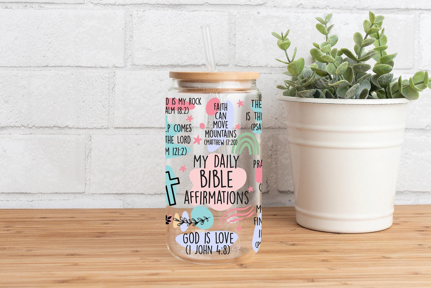 My Daily Bible Affirmations Glass Can, Christian Scripture Design, Faith Based Quotes Cup, Aesthetic Iced Coffee Glass With Bamboo Lid