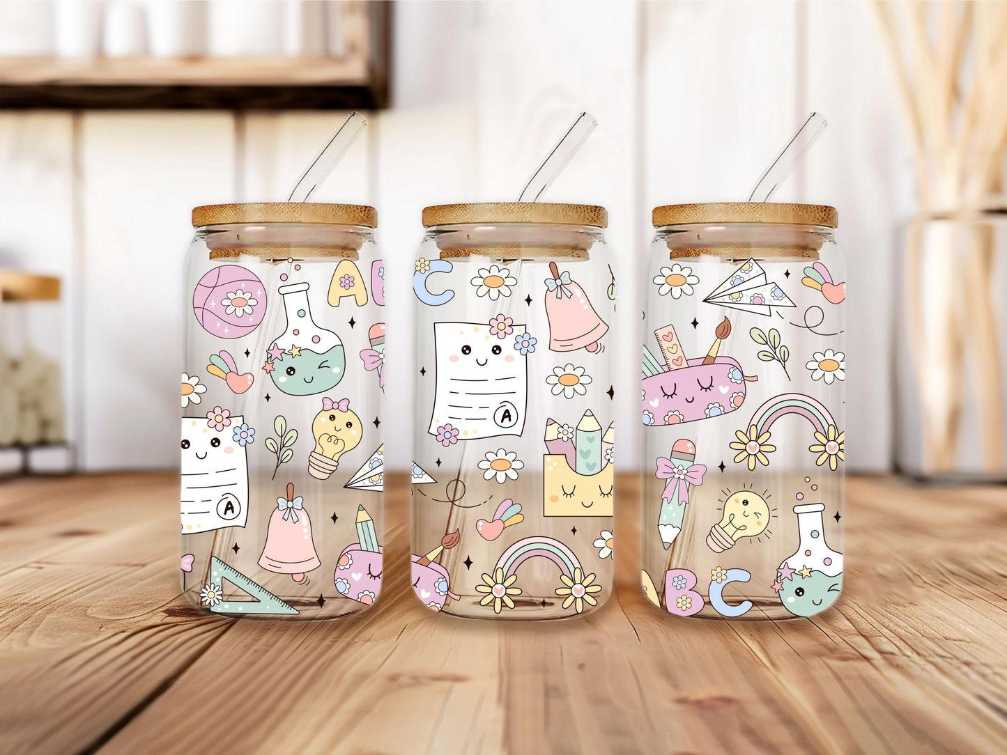 Daisy Pencil Abc Glass Can,back To School Glass Can, Cute Kawaii Supplies Art, Preschool Teacher Gift,iced Coffee Cup With Bamboo Lid