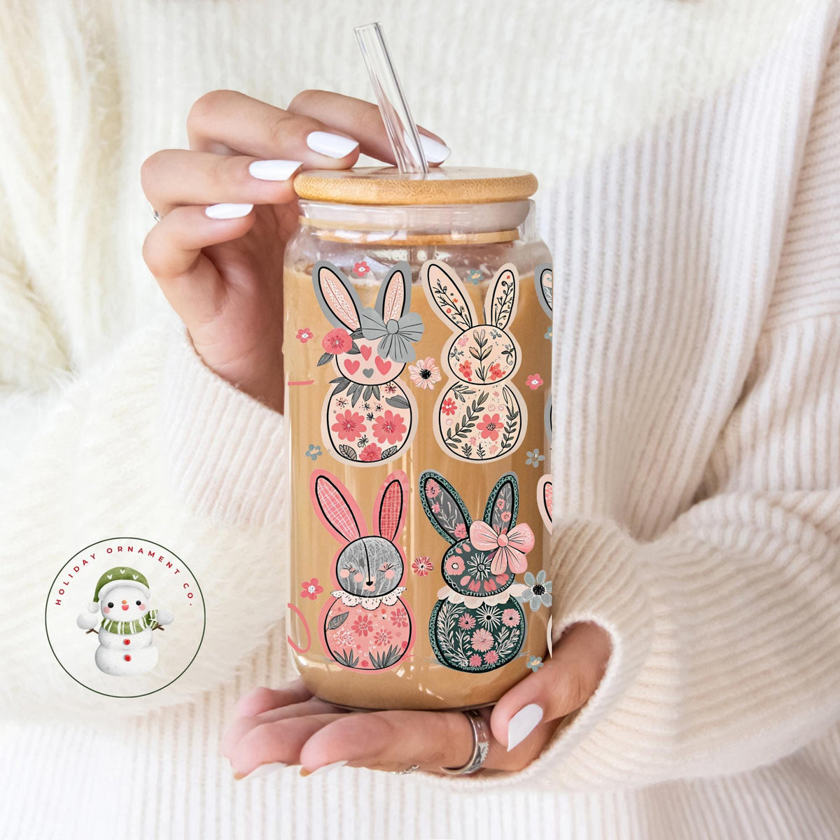 Personalized Vintage Easter Bunny Iced Coffee Cup: 16oz/20oz Libbey Glass Tumbler