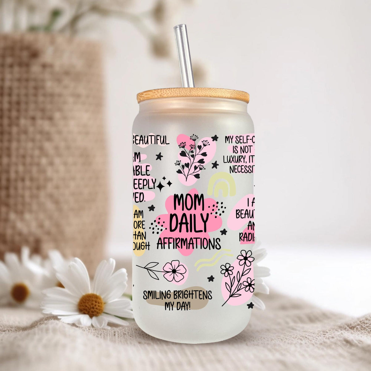 Mom Pastel Daily Affirmations Glass Tumbler With Bamboo Lid