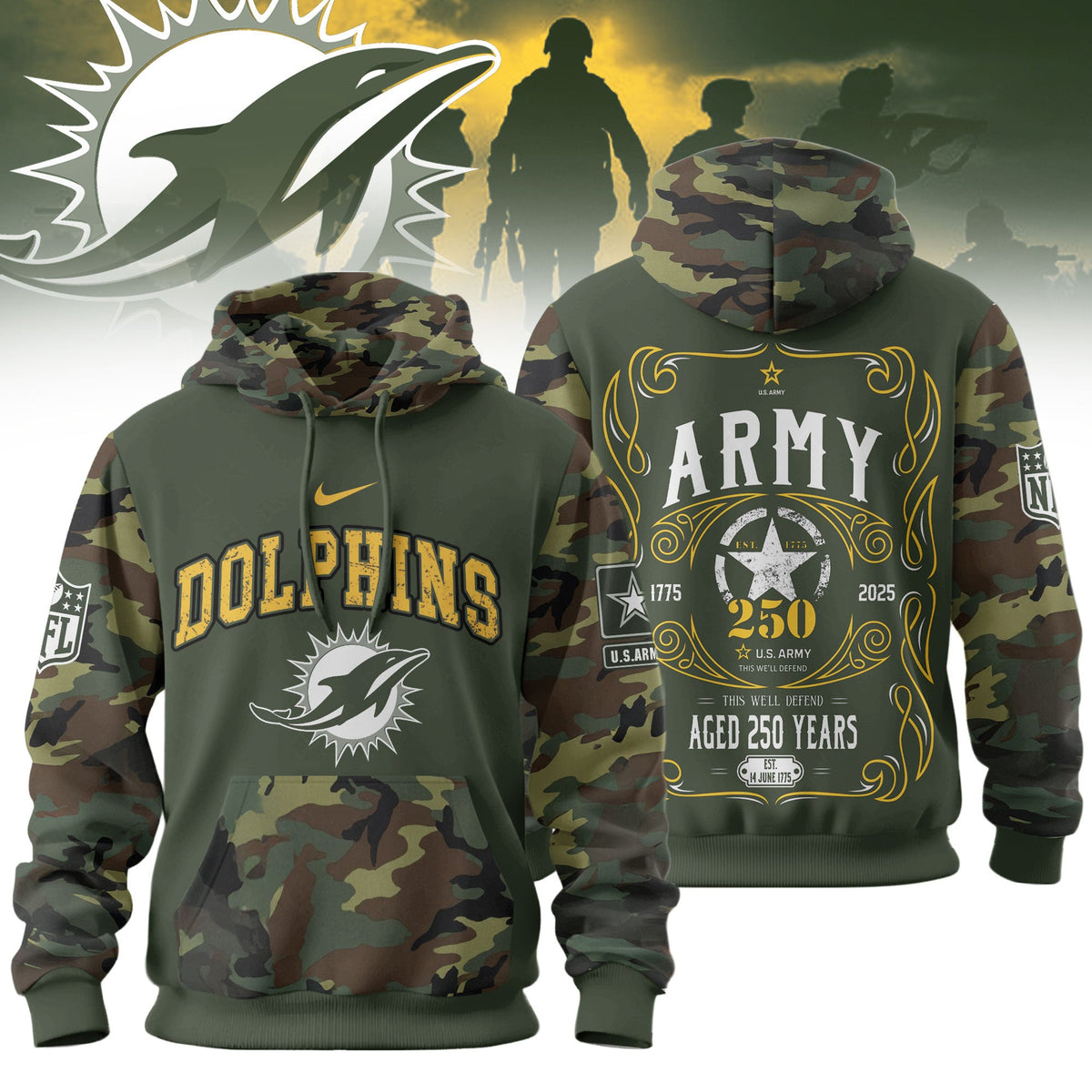 Miami Dolphins Premium Us Army 250th Anniversary 3d Hoodie Td