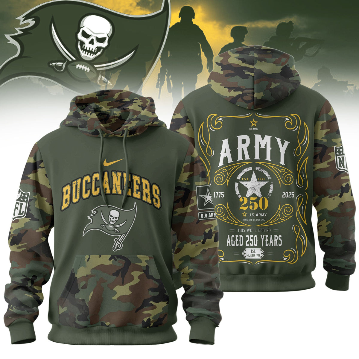 Tampa Bay Buccaneers Premium Us Army 250th Anniversary 3d Hoodie Td