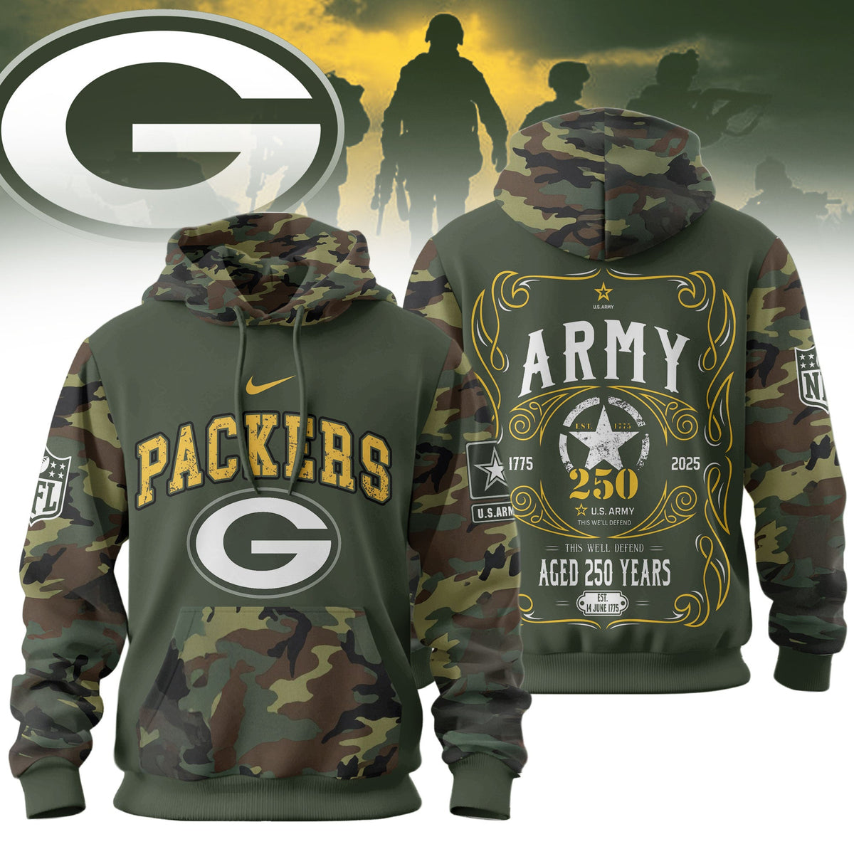 Green Bay Packers Premium Us Army 250th Anniversary 3d Hoodie Td