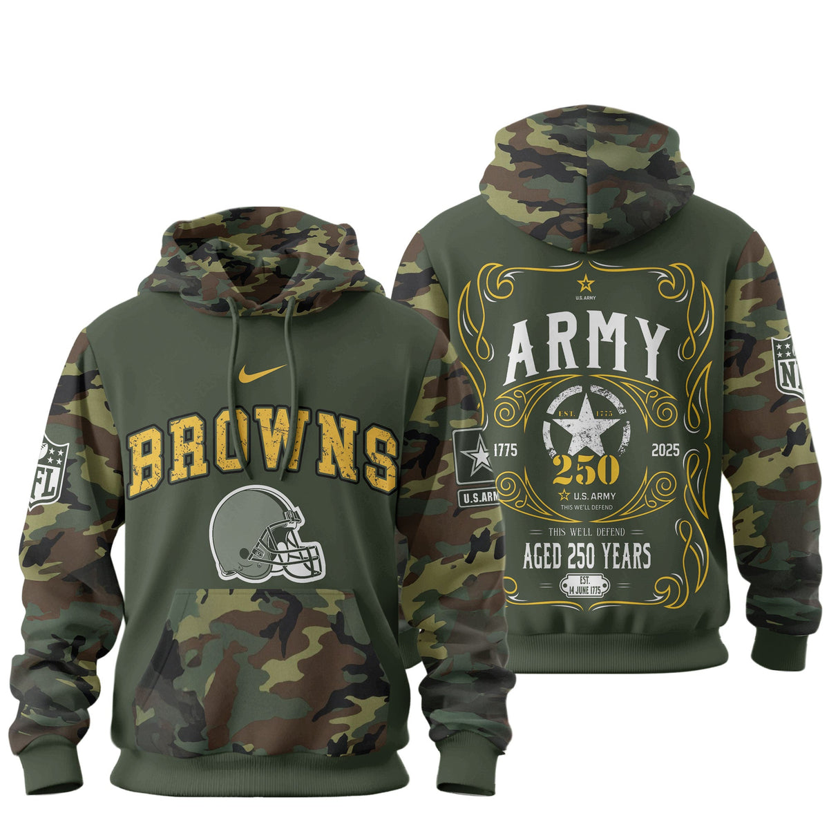Cleveland Browns Premium Us Army 250th Anniversary 3d Hoodie Td