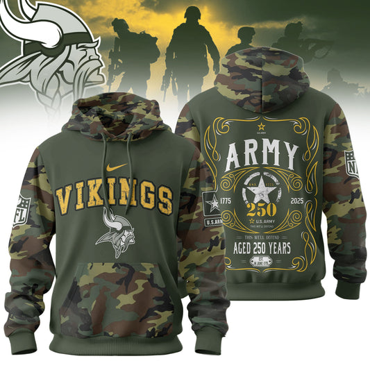 Minnesota Vikings Premium Us Army 250th Anniversary 3d Hoodie Td