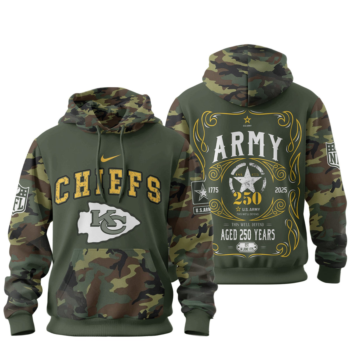 Kansas City Chiefs Premium Us Army 250th Anniversary 3d Hoodie Td