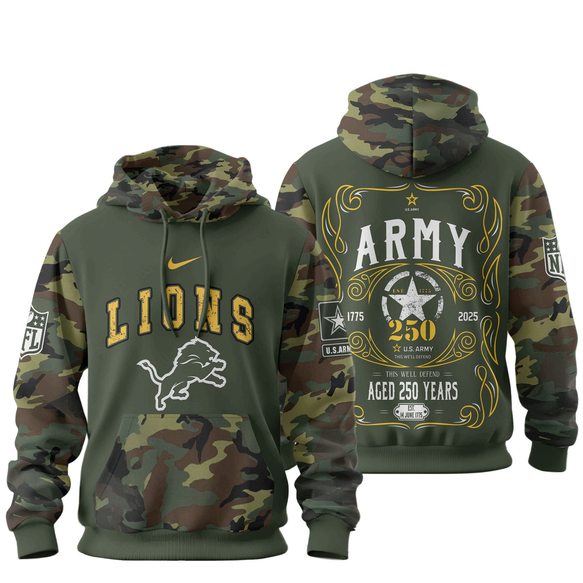 Detroit Lions Premium Us Army 250th Anniversary 3d Hoodie Td
