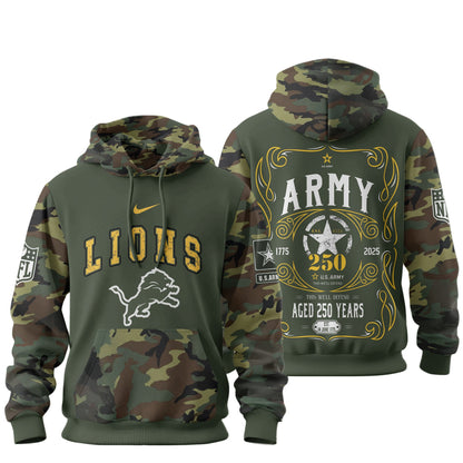 Detroit Lions Premium Us Army 250th Anniversary 3d Hoodie Td