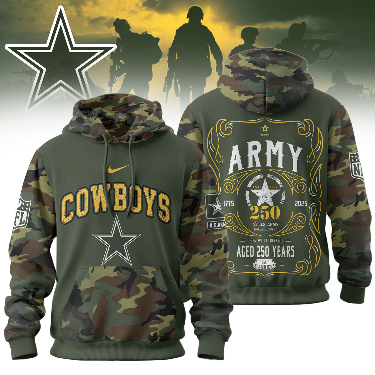Dallas Cowboys Premium Us Army 250th Anniversary 3d Hoodie Td