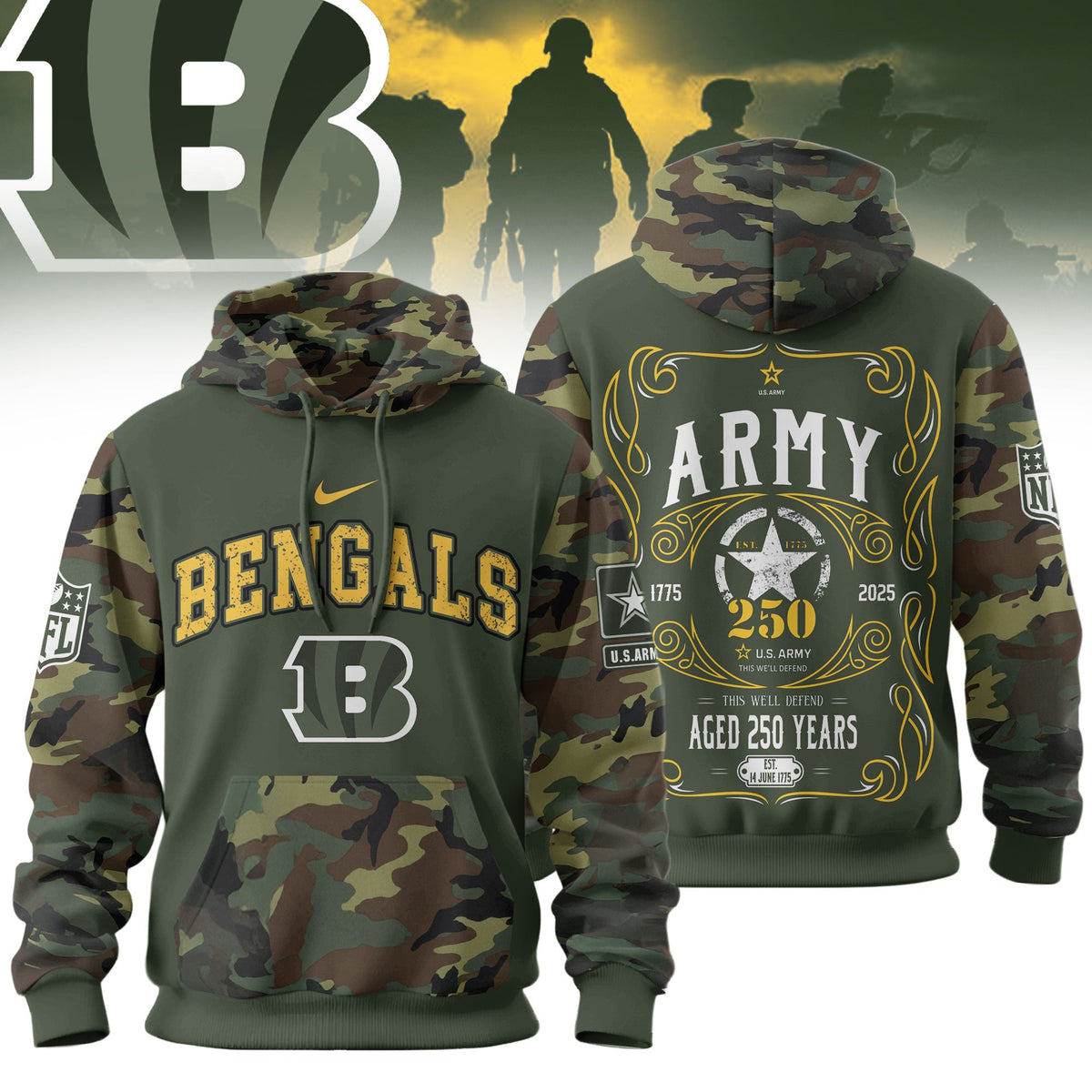 Cincinnati Bengals Premium Us Army 250th Anniversary 3d Hoodie Td