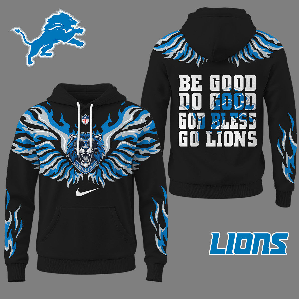 Detroit Lions Premium Fire Wings 3d Hoodie Ny
