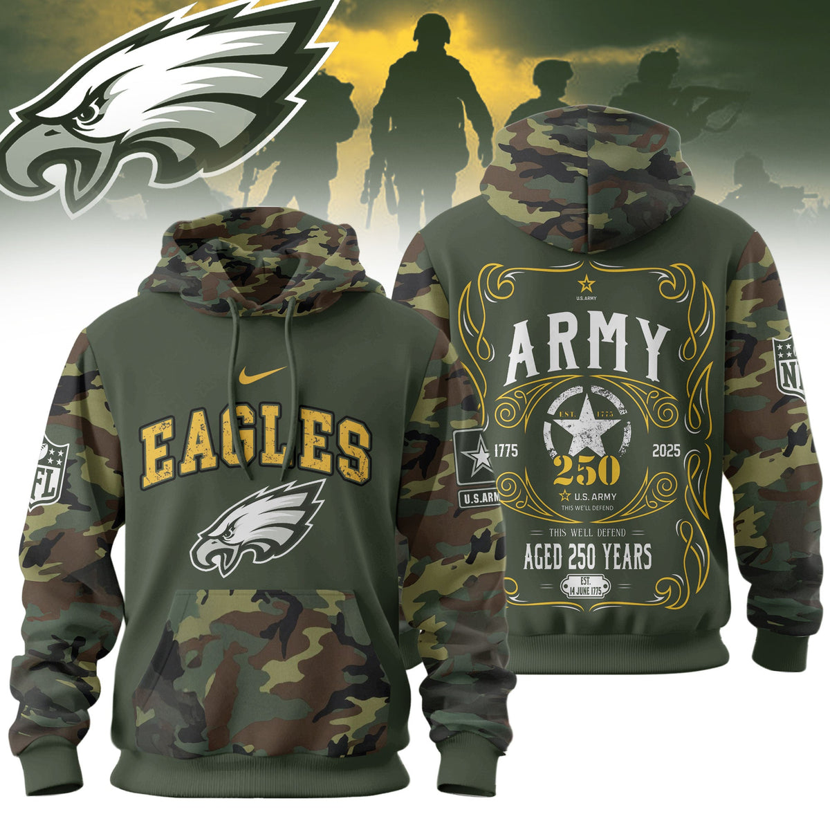 Philadelphia Eagles Premium Us Army 250th Anniversary 3d Hoodie Td