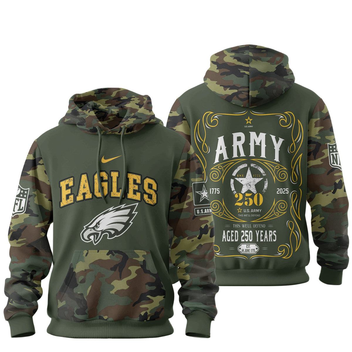 Philadelphia Eagles Premium Us Army 250th Anniversary 3d Hoodie Td
