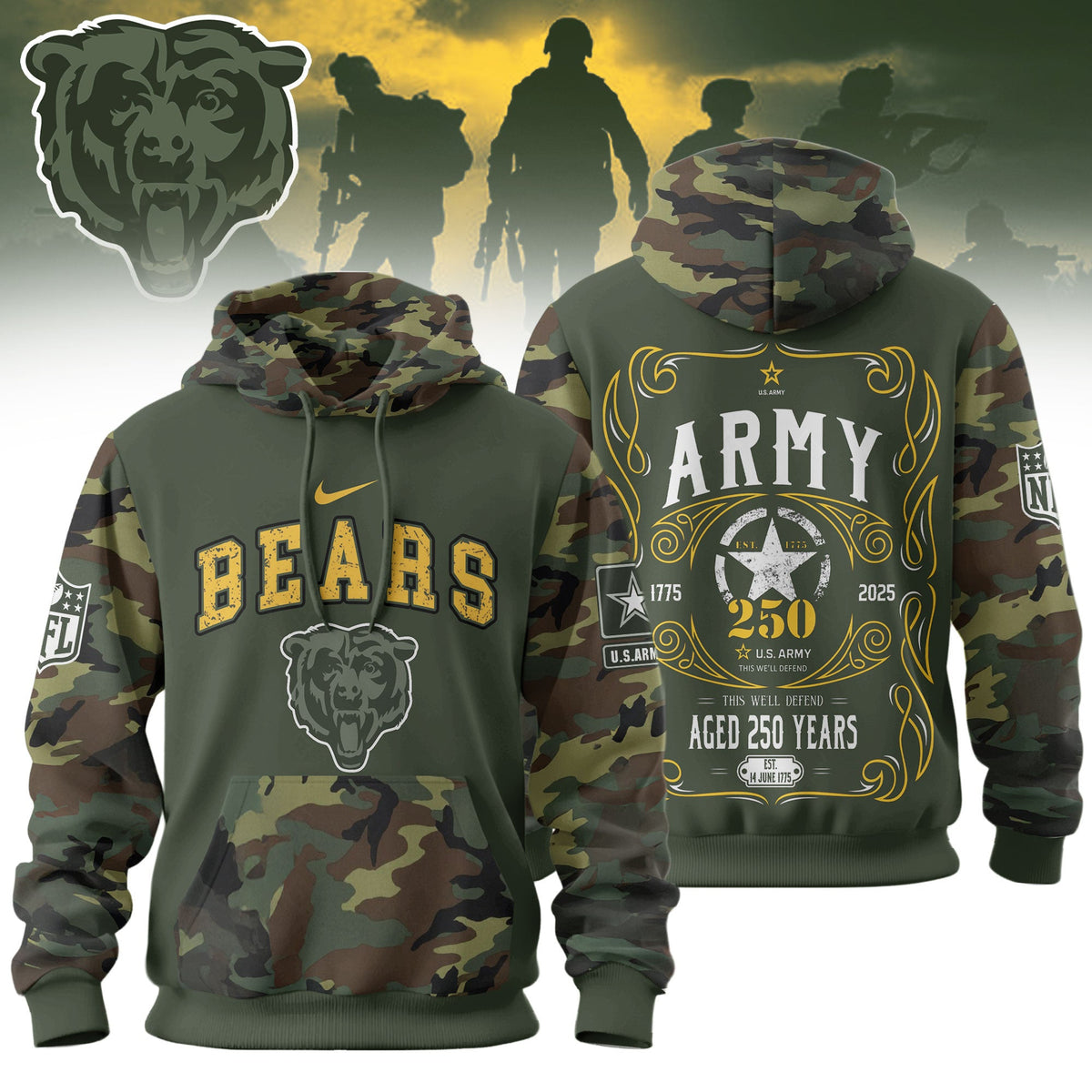 Chicago Bears Premium Us Army 250th Anniversary 3d Hoodie Td
