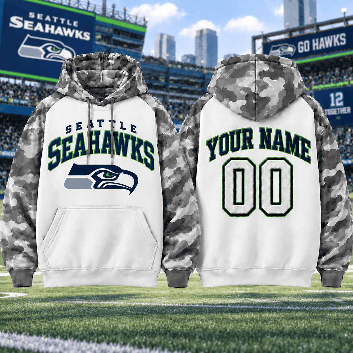 Seattle Seahawks Premium Custom Grey Camo Hoodie Nnk