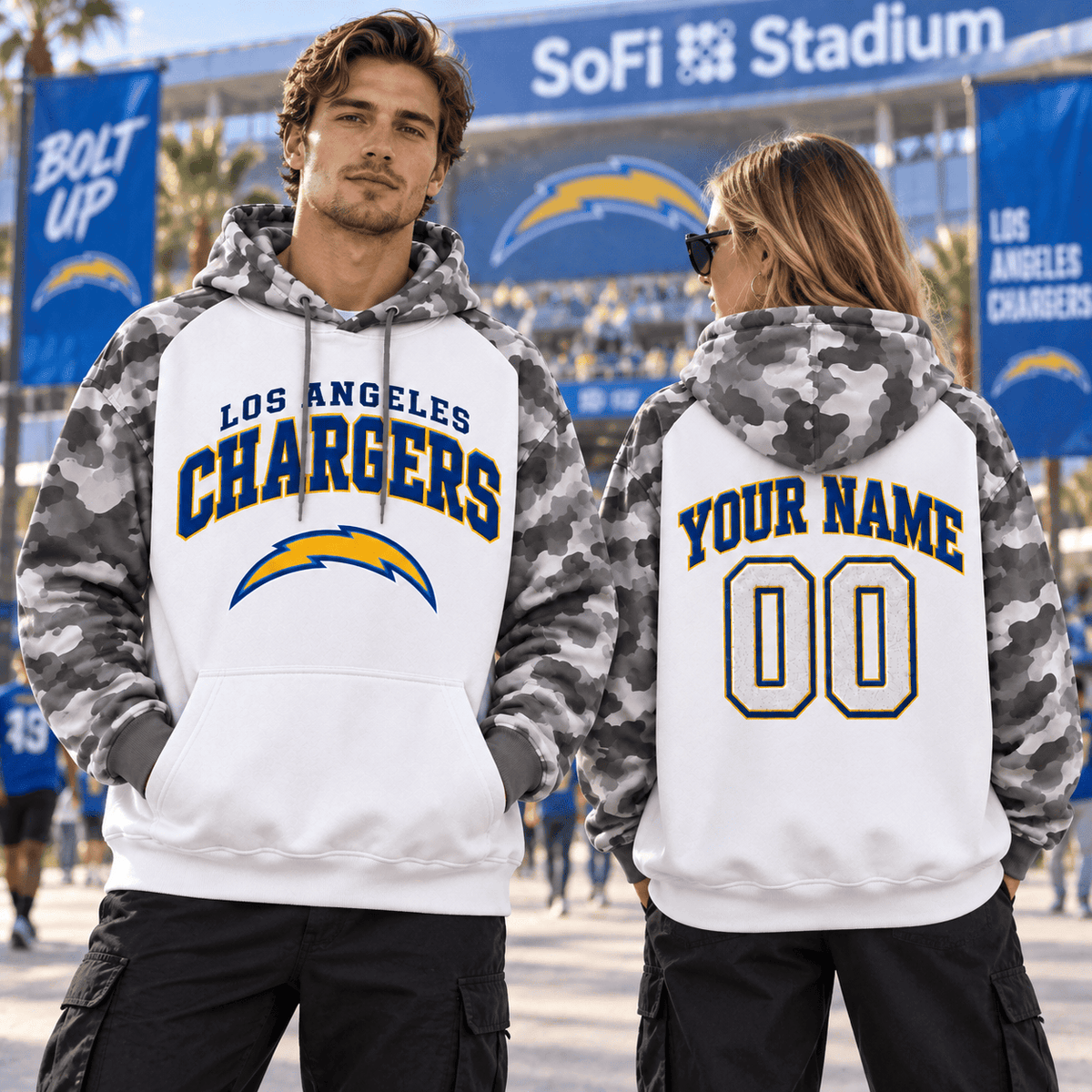 Los Angeles Chargers Premium Custom Grey Camo Hoodie Nnk