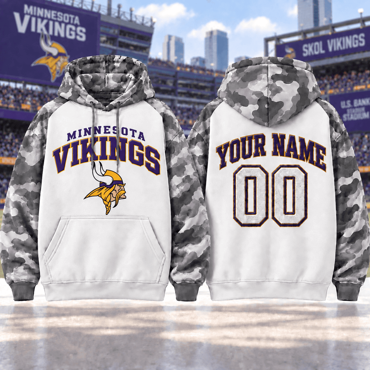 Minnesota Vikings Premium Custom Grey Camo Hoodie Nnk