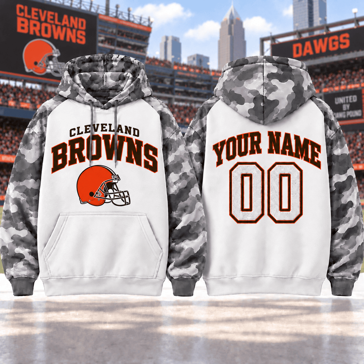 Cleveland Browns Premium Custom Grey Camo Hoodie Nnk