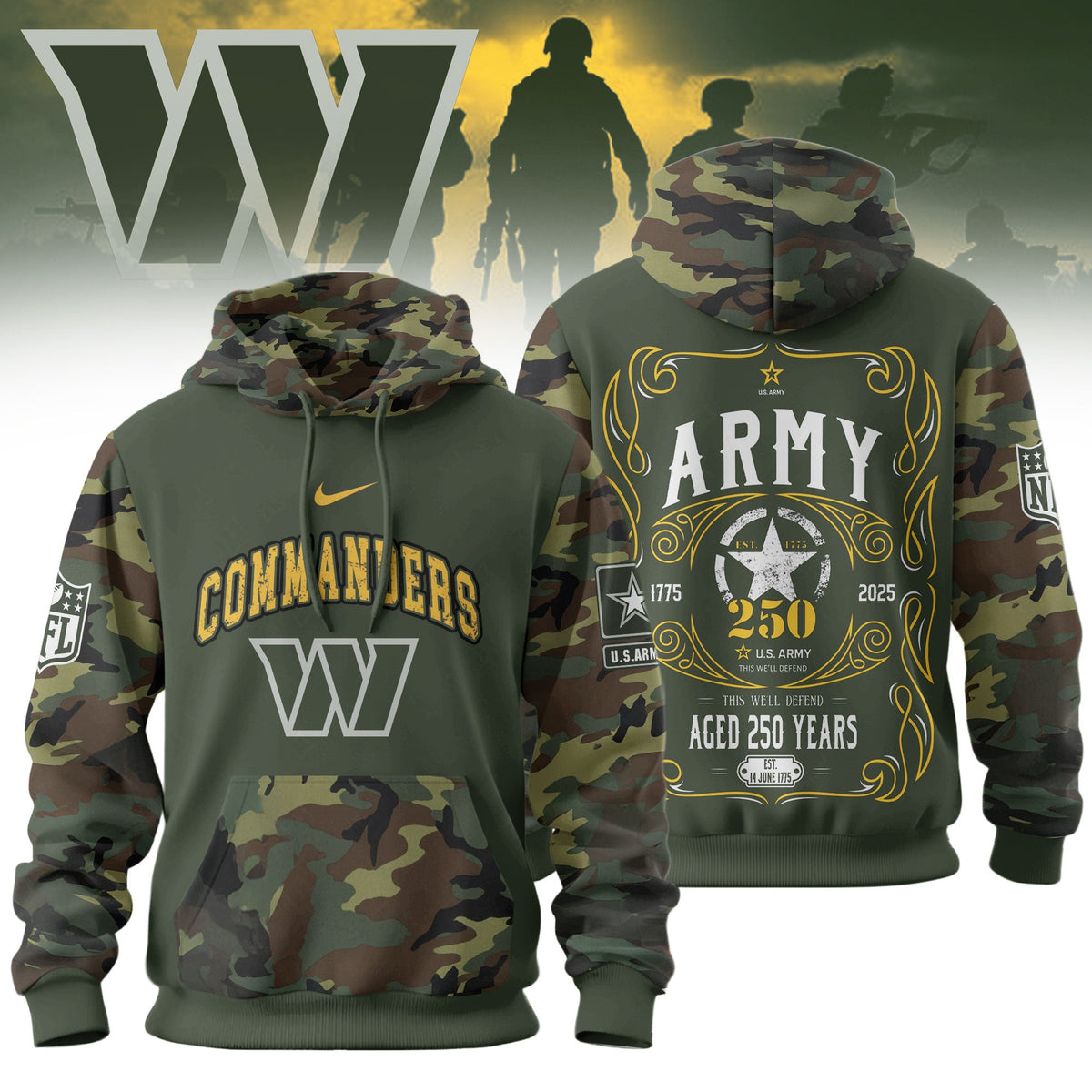 Washington Commanders Premium Us Army 250th Anniversary 3d Hoodie Td