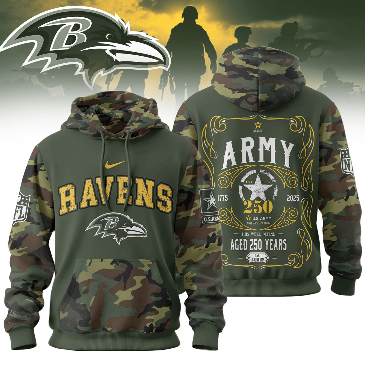 Baltimore Ravens Premium Us Army 250th Anniversary 3d Hoodie Td