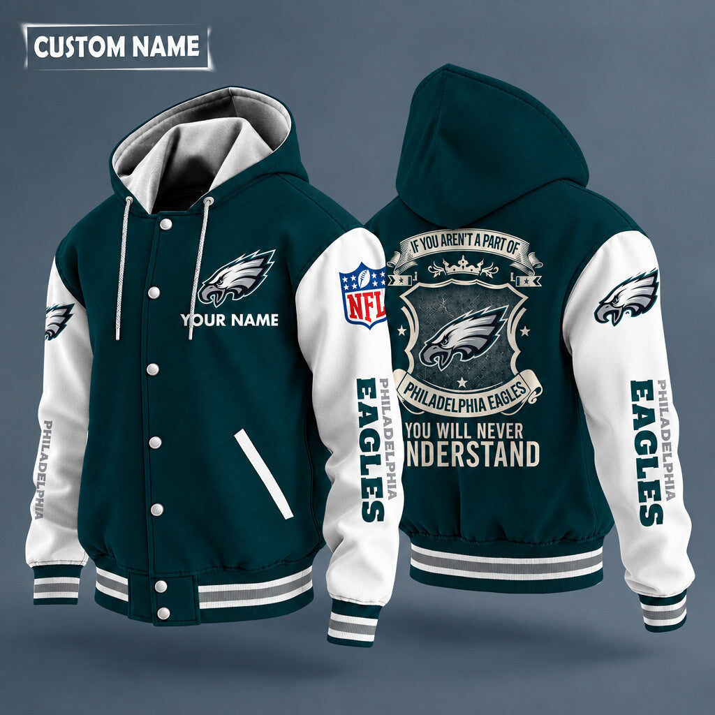 Philadelphia Eagles Hooded Letterman Jacket Custom Name P7925x