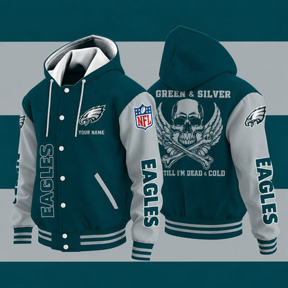 Philadelphia Eagles Green & Silver Till I'm Dead Hooded Letterman Jacket Custom Name P3hw2j