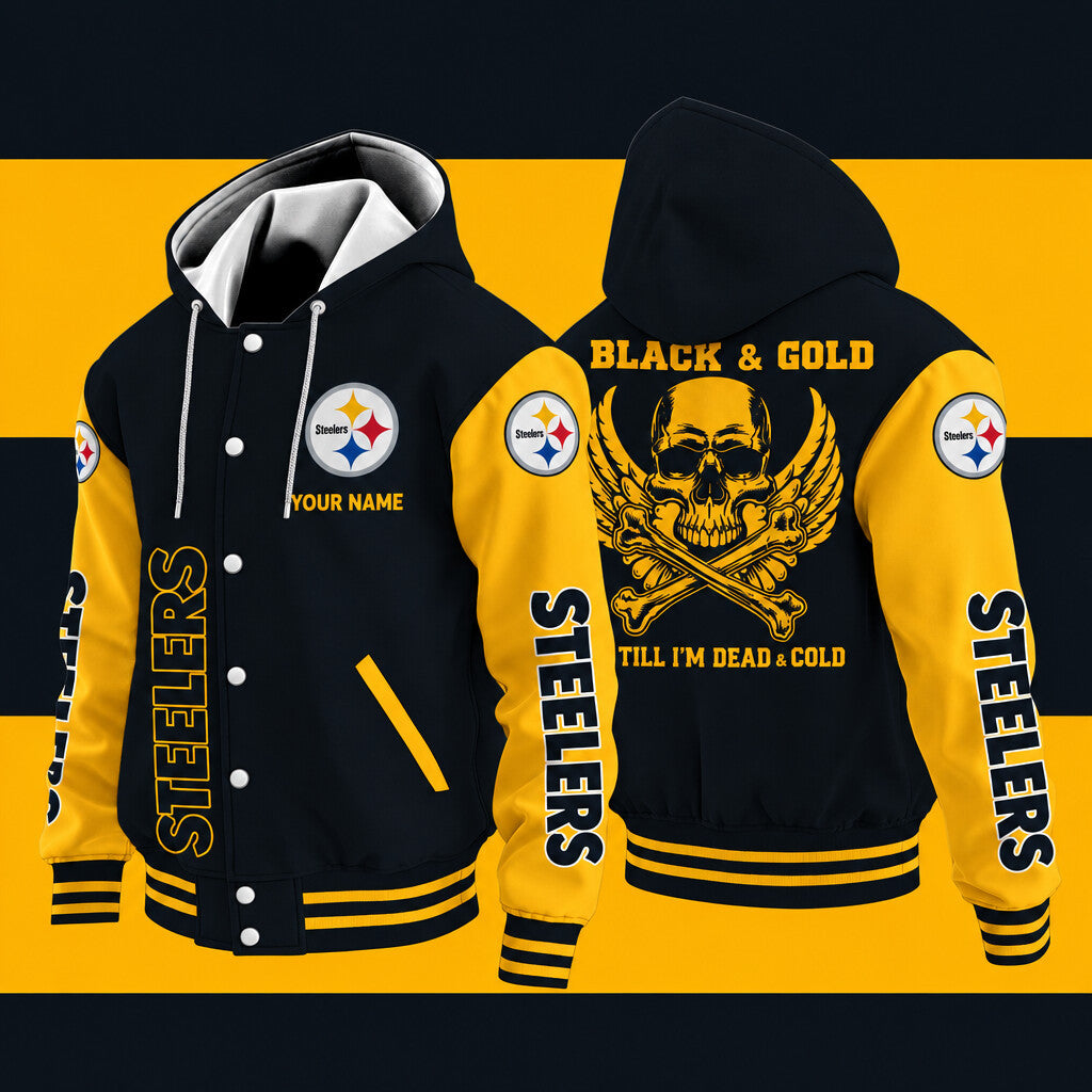 Pittsburgh Steelers Black & Gold Till I'm Dead Hooded Letterman Jacket Custom Name P22rta