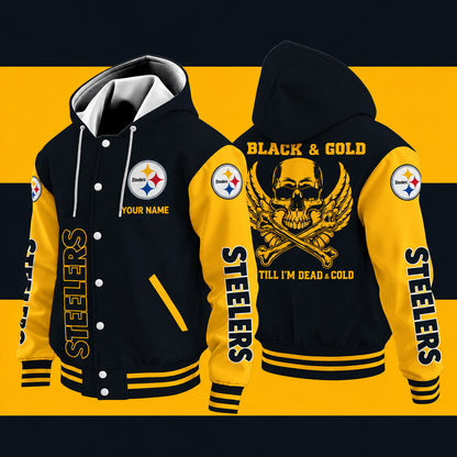 Pittsburgh Steelers Black & Gold Till I'm Dead Hooded Letterman Jacket Custom Name P22rta