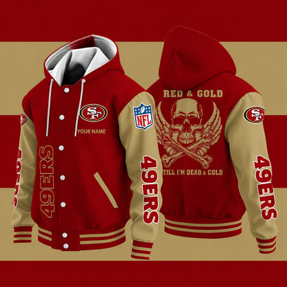 San Francisco 49ers Red & Gold Till I'm Dead Hooded Letterman Jacket Custom Name Pqtxsc