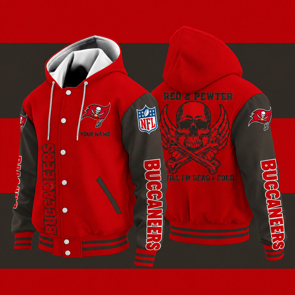 Tampa Bay Buccaneers Red & Pewter Till I'm Dead Hooded Letterman Jacket Custom Name Pnvvug
