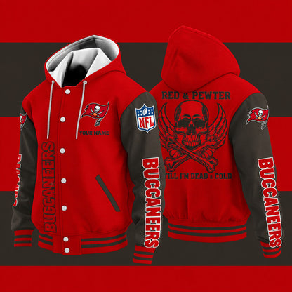 Tampa Bay Buccaneers Red & Pewter Till I'm Dead Hooded Letterman Jacket Custom Name Pnvvug