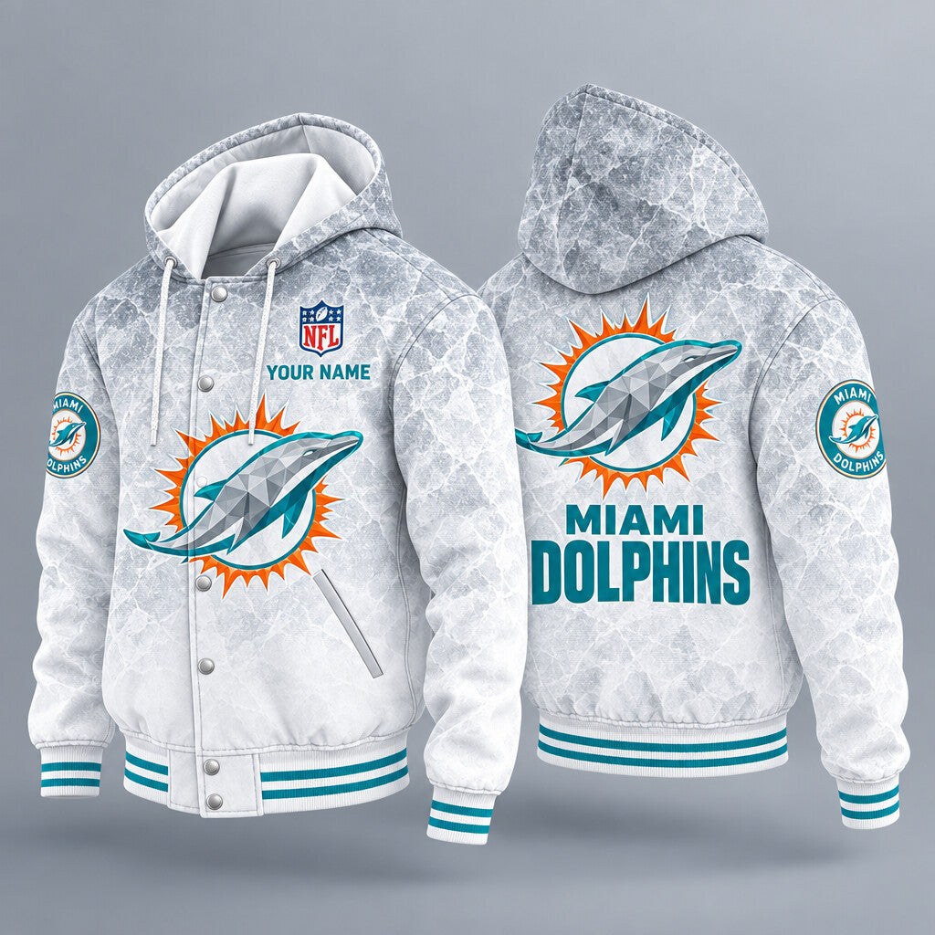 Miami Dolphins Ice Hooded Letterman Jacket Custom Name Pazbtw